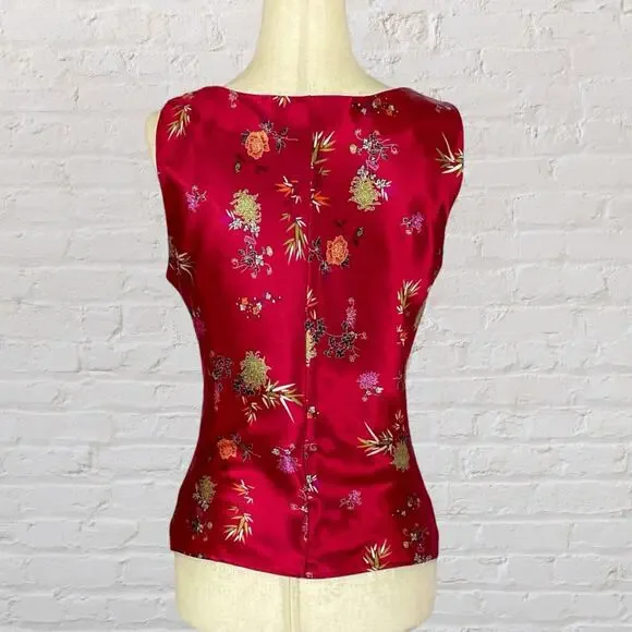 Vintage 90s Charlotte Russe Red Satin Floral Top Mandarin Collar - Picture 3 of 7
